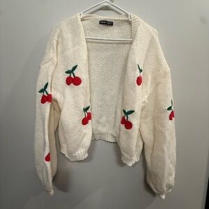 Cream Cardigan with Red Cherry Embroidery